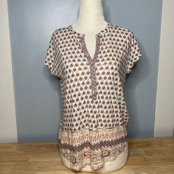 Lucky Brand, Short Sleeve 1/4 Button Down Boho Patterned Top Small Women - Picture 11 of 11